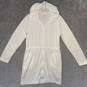Lands' End 100% Cotton Hooded Drawstring Front Zip Dress Cover-Up White Women M